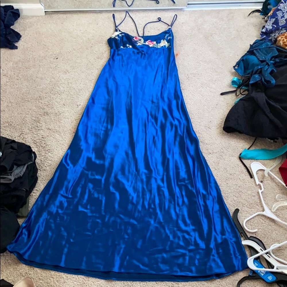 navy blue gown with floral print